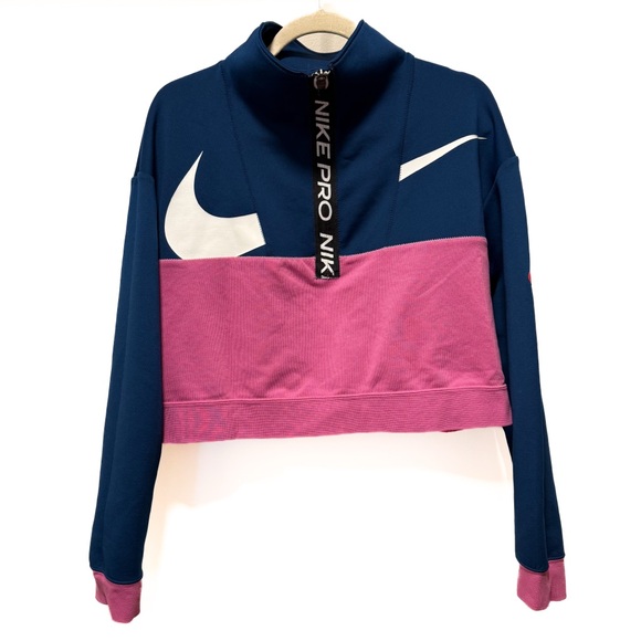 Nike Pro Women's Dri-FIT Cropped Half-Zip Sweatshirt Navy/Pink Oversized Small - Picture 2 of 8